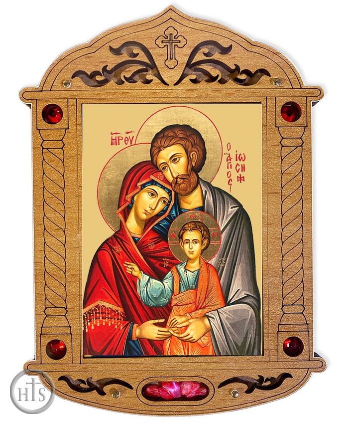 Picture - The Holy Family Icon in Wooden Shrine with Glass and Incense