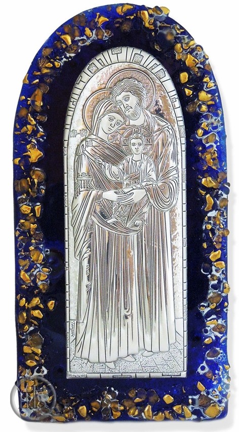 Picture - The Holy Family, Silver / Gold  Plated Icon on Murano Style Glass with Stand