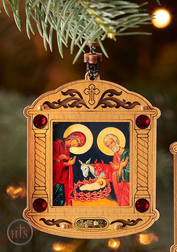 Product Picture - The Holy Family, Wooden Icon Shrine Pendant Ornament on Rope