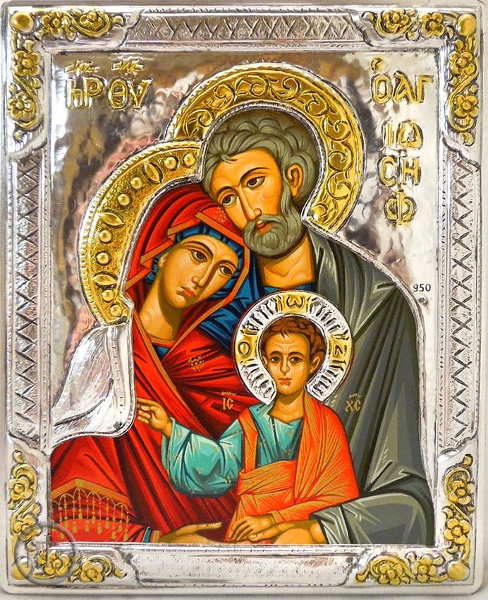 HolyTrinityStore Image - The Holy Family,  Serigraph Icon in Silver / Gold Plated Oklad 