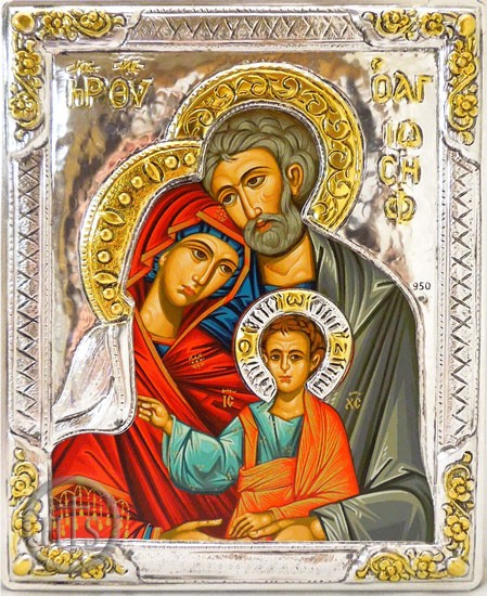 Product Pic - The Holy Family,  Serigraph Icon in Silver / Gold Plated Oklad 