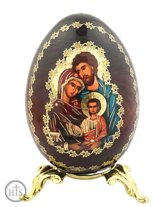 HolyTrinityStore Image - The Holy Family Icon Egg on Gold Metal Stand
