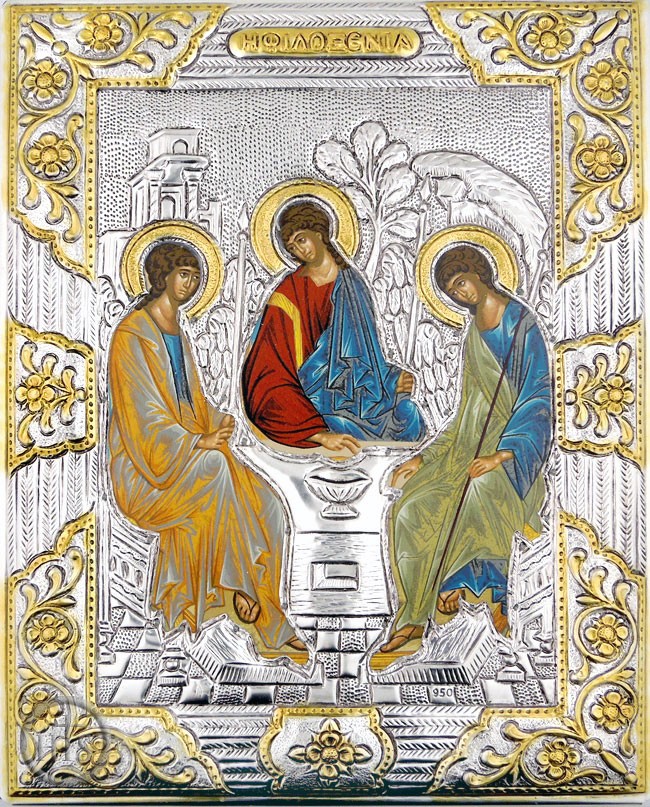 HolyTrinityStore Photo - The Holy Trinity (Old Testament Trinity),  Serigraph Icon in Silver, Gold Plated Oklad