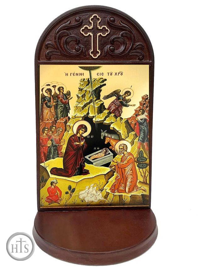 Product Picture - The Nativity, Byzantine Greek Icon in Shrine With Shelf 