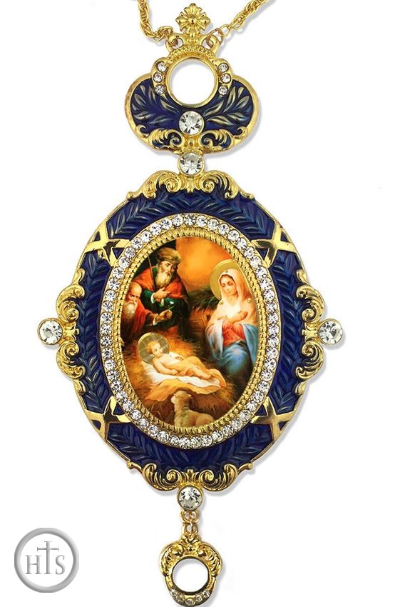 HolyTrinityStore Image - The Nativity, Enameled Jeweled Icon Ornament, Blue