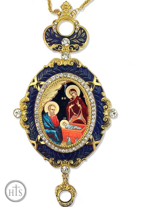 Product Pic - The Nativity, Enameled Jeweled Icon Ornament, Blue