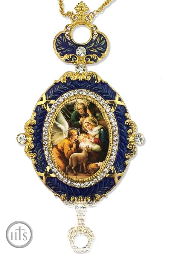 HolyTrinityStore Picture - The Nativity, Enameled Jeweled Icon Ornament, Blue