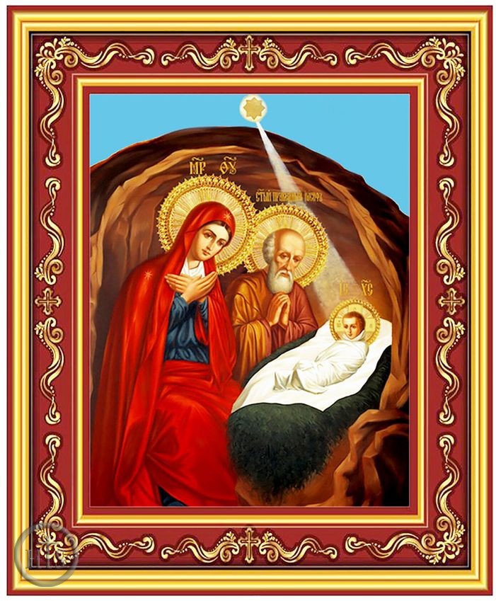Picture - Nativity of Christ, Gold Foil Orthodox Icon in Burgundy Frame 