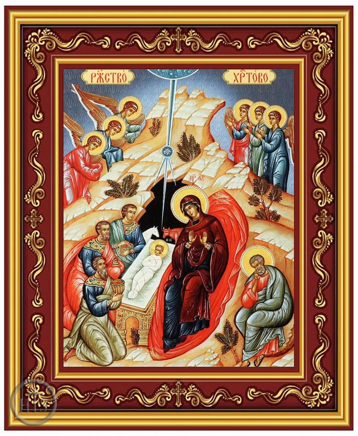 Product Image - Nativity of Christ, Gold Foil Orthodox Icon in Burgundy Frame 