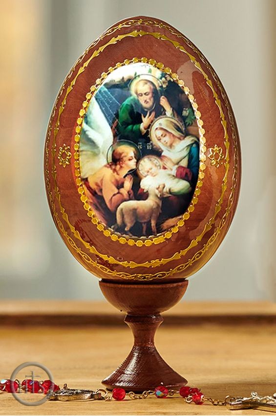 HolyTrinity Pic - Angel Adoration Holy Family, Wooden Icon Egg on Stand Holder 