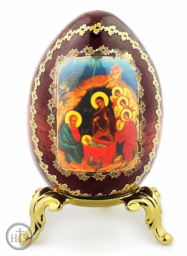 HolyTrinityStore Picture - Nativity of Christ,  Wooden Decoupage Icon Egg With Stand 