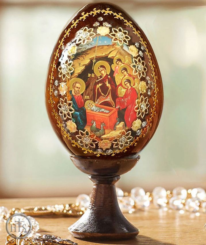 Picture - The Nativity, Wooden Icon Egg with Stand