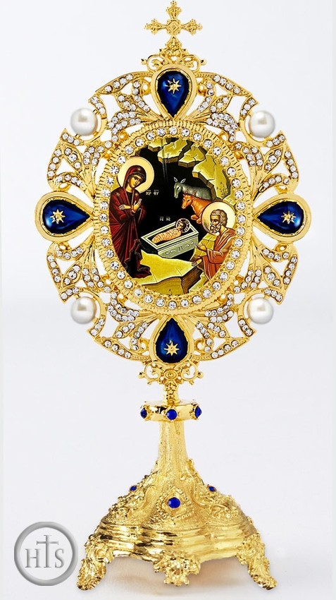 Photo - The Nativity of Christ, Greek Icon in Jeweled Shrine, Blue Crystals