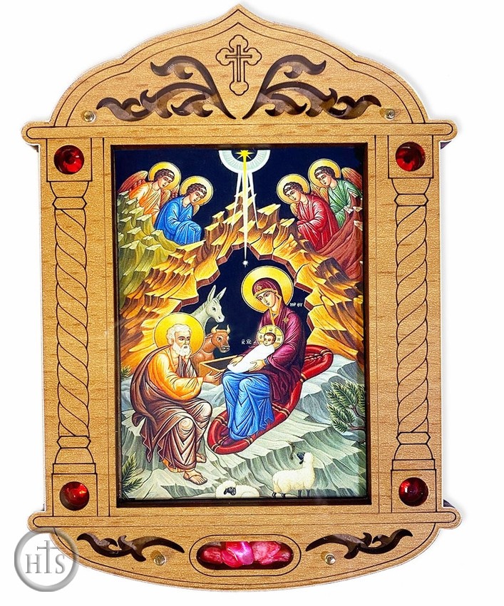 HolyTrinityStore Image - The Nativity of Christ Icon in Wooden Shrine with Glass and Incense