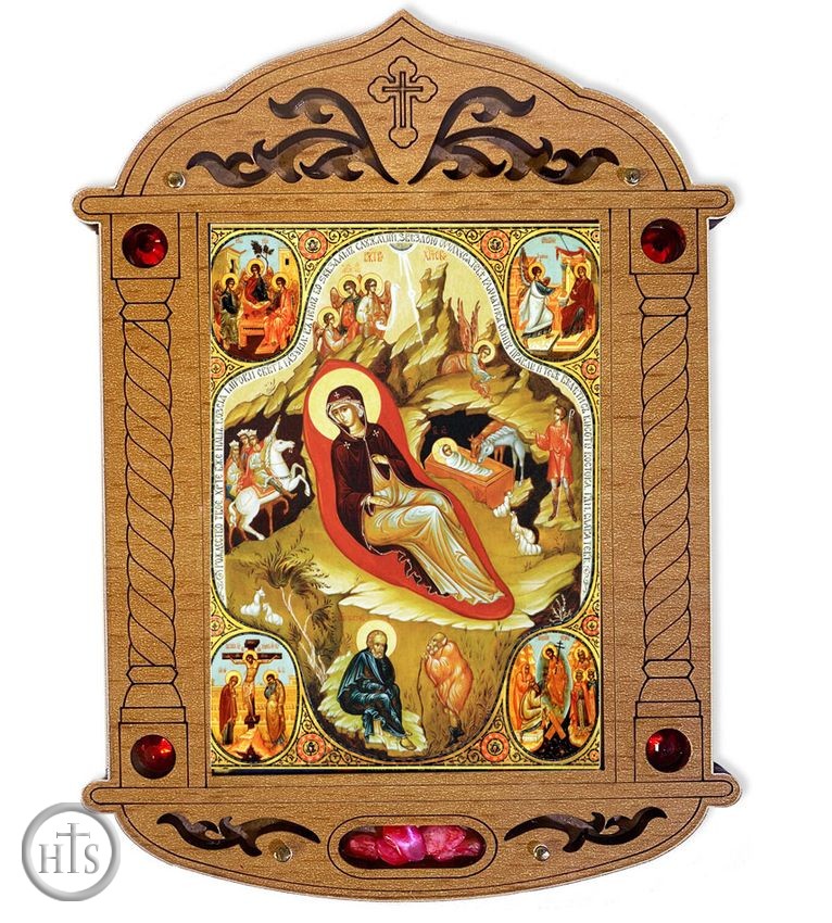 HolyTrinityStore Picture - The Nativity of Christ Icon in Wooden Shrine with Glass and Incense