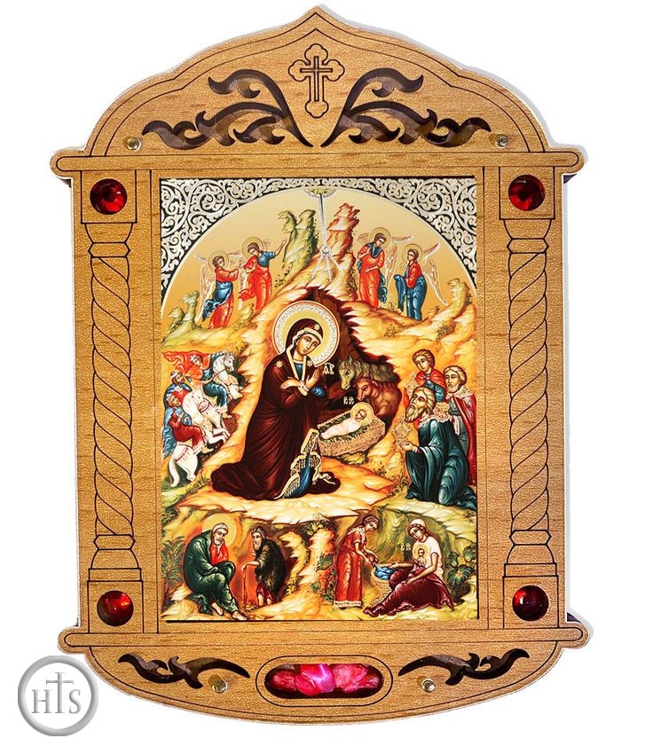 Picture - The Nativity of Christ Icon in Wooden Shrine with Glass and Incense