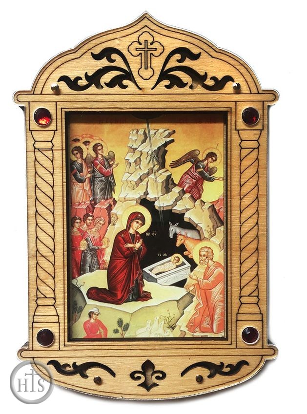 HolyTrinityStore Image - Nativity of Christ Icon in Wooden Shrine with Glass