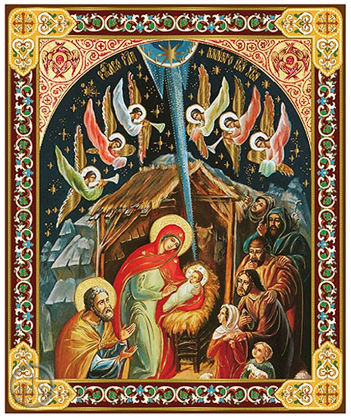 HolyTrinityStore Image - Nativity of Christ with Angels, Gold Foil Orthodox Icon with Stand