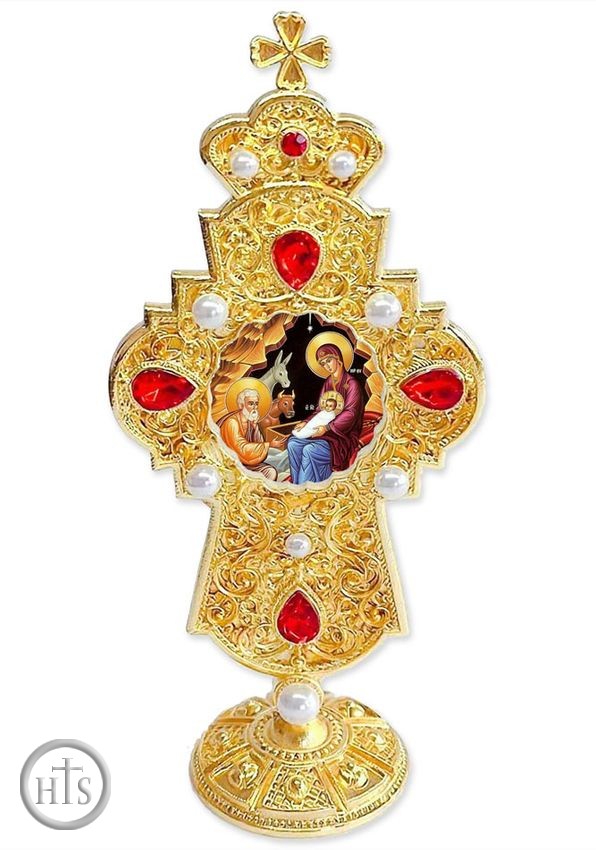 HolyTrinityStore Picture - The Nativity, Jeweled Standing Cross, 7 Inch