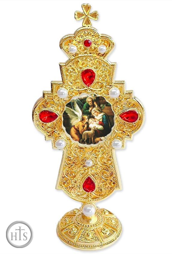 Product Pic - Nativity of Christ Adoration, Jeweled Standing Cross, 7 Inch