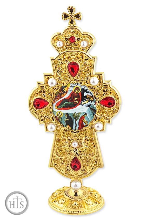 HolyTrinityStore Picture - The Nativity, Jeweled Standing Cross, 7 Inch