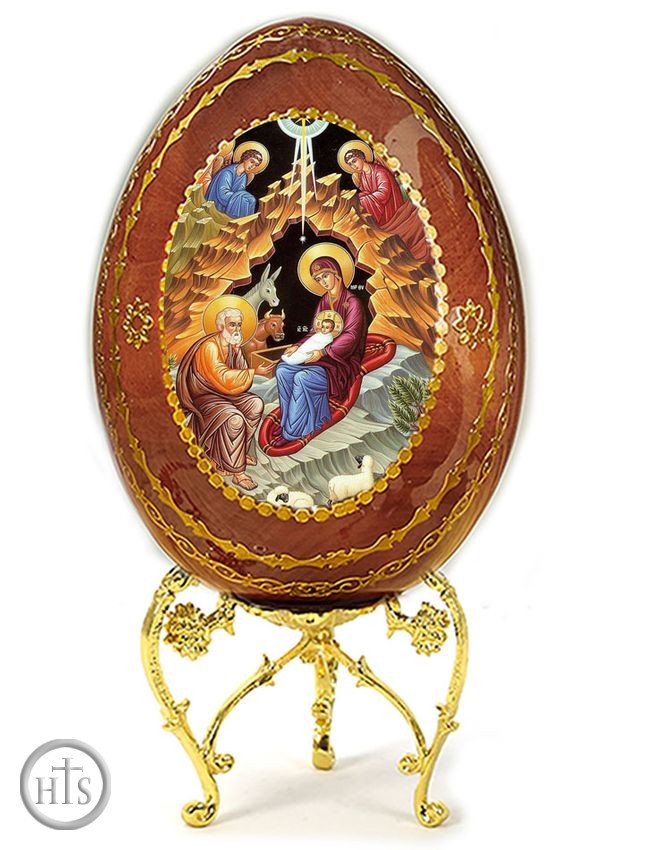 HolyTrinityStore Image - Nativity of Christ, Wooden Decoupage Icon Egg with Stand