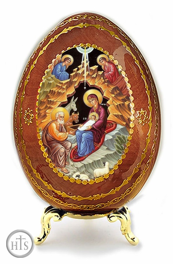 Photo - Nativity of Christ, Wooden Decoupage Icon Egg with Stand