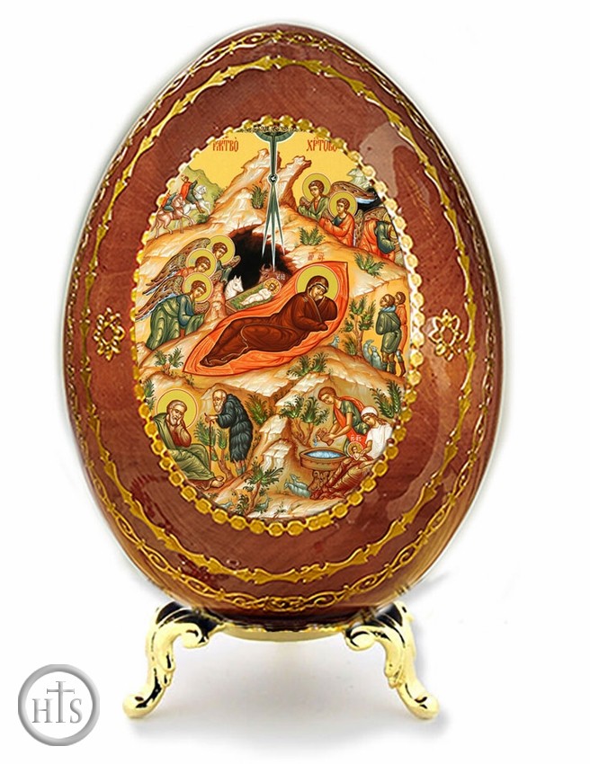 HolyTrinity Pic - Nativity of Christ, Wooden Decoupage Icon Egg with Stand