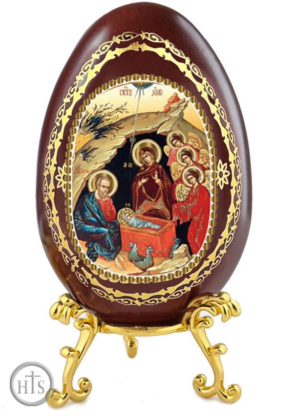 HolyTrinityStore Image - Nativity of Christ, Wooden Decoupage Icon Egg with Stand
