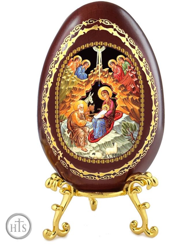 Product Pic - Nativity of Christ, Wooden Decoupage Icon Egg with Stand
