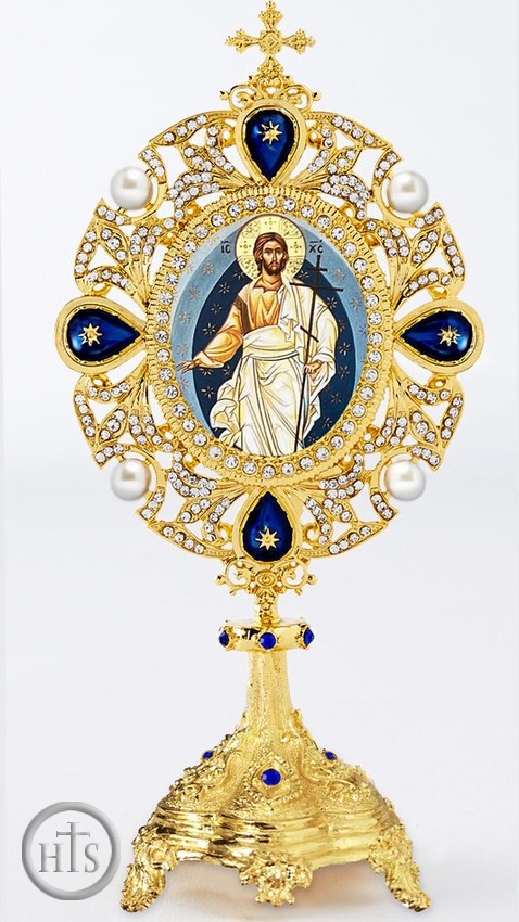 Product Pic - The Resurrection, Greek Icon in Jeweled Shrine, Blue Crystals