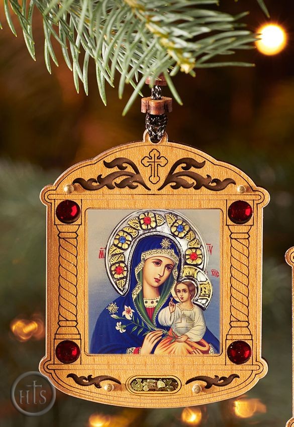 Product Pic - Virgin Mary Eternal Bloom, Wooden Icon Shrine Pendant  on Rope