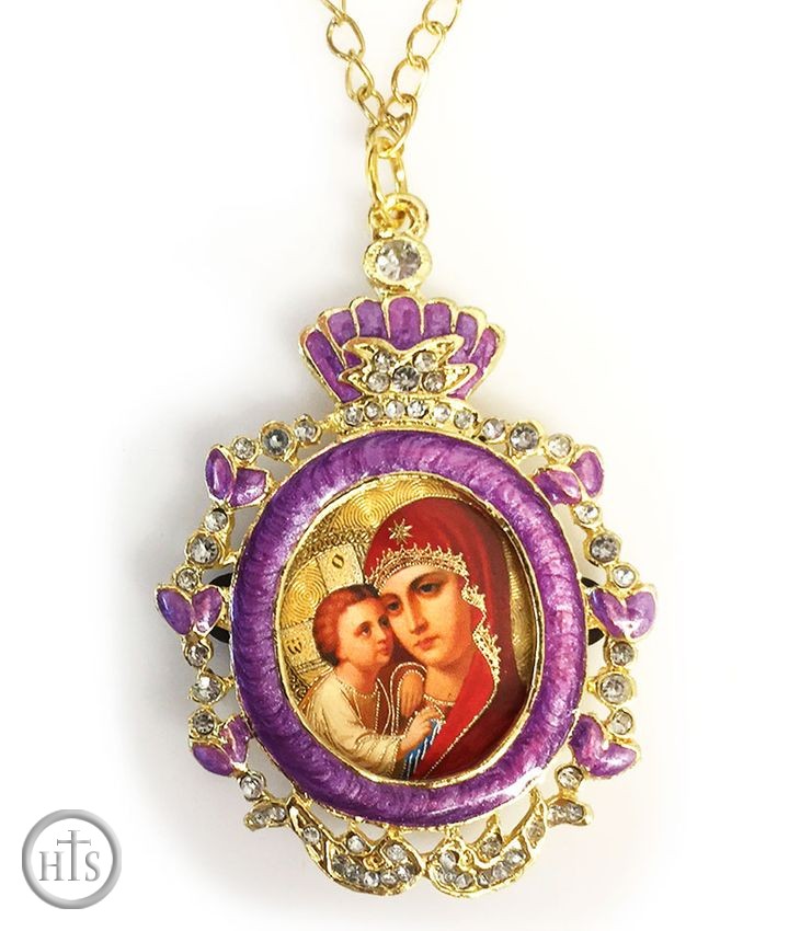 Product Photo - Virgin Mary and Christ Child, Framed Icon Pendant w/Chain & Bow 