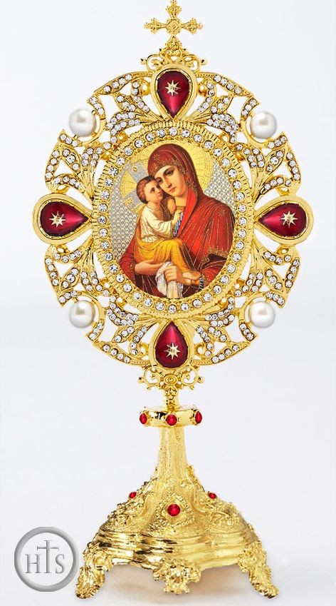 Product Pic - Theotokos and Christ Icon in Pearl Jeweled Shrine - Monstrance Style