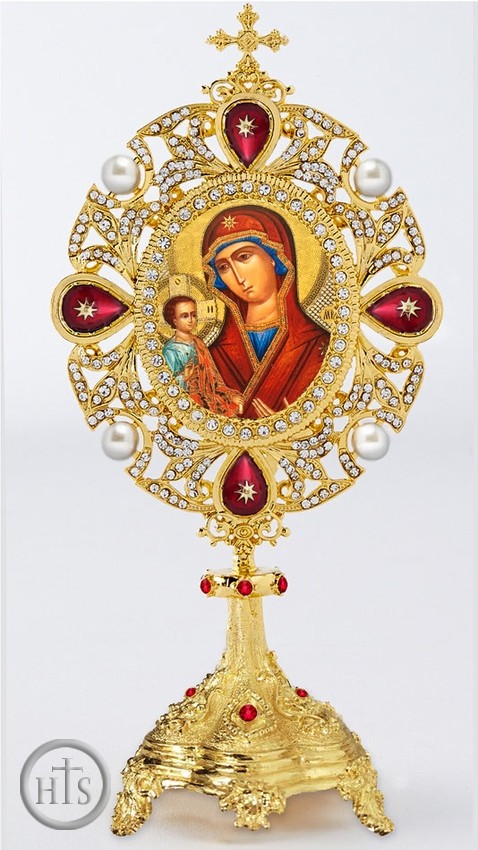 HolyTrinityStore Photo - Virgin Mary and Christ Icon in Pearl Jeweled Shrine - Monstrance Style