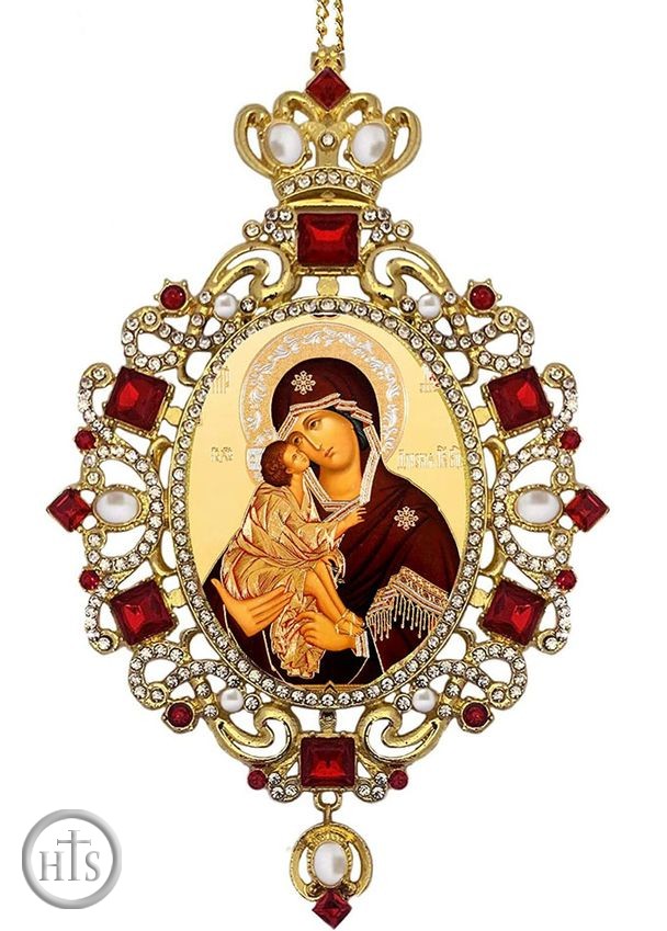 HolyTrinityStore Picture - Virgin of Don,  Panagia Style Icon Ornament / Red Crystals