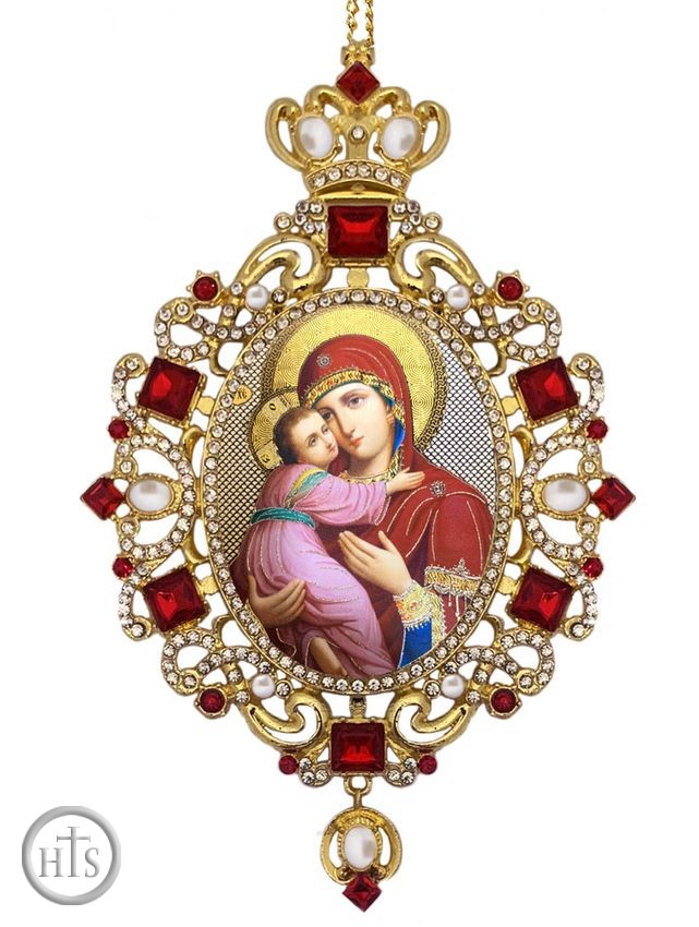 Image - Virgin of Vladimir,  Panagia Style Icon Ornament / Red Crystals
