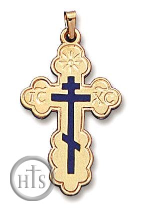 Product Photo - Three Barred Gold Cross with Blue Enamel, Small