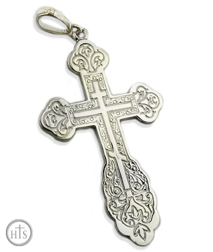 HolyTrinityStore Photo - Three Barred Sterling Silver  Engraved  Orthodox Cross, Large