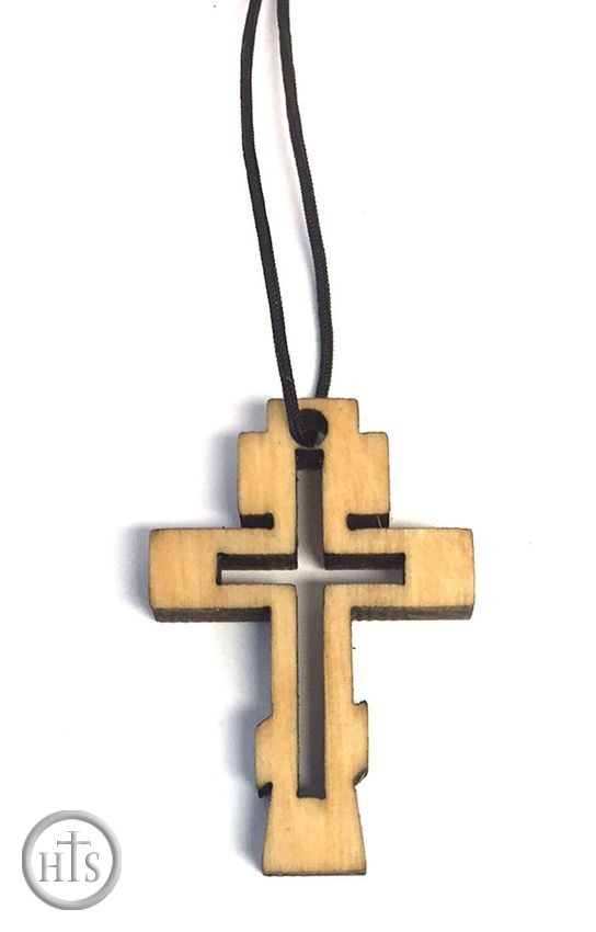 Pic - Three Barred Wooden Neck Cross on Black Cord 