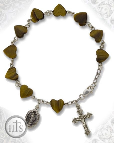 HolyTrinityStore Photo - Tiger Eye Heart Bead Bracelet with Silver Cross and  Medal