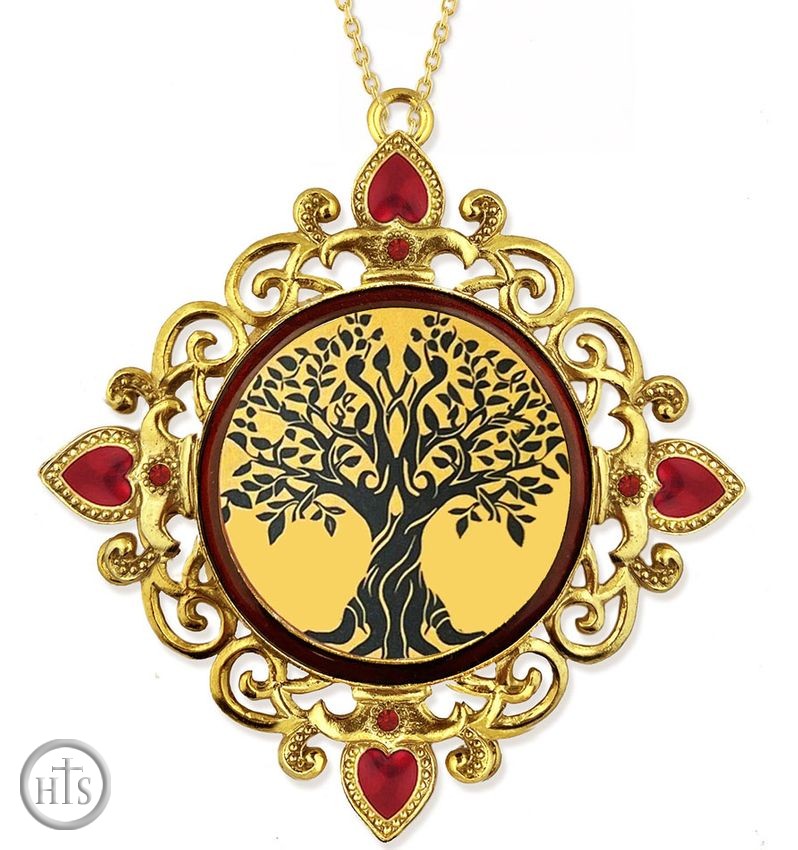 HolyTrinity Pic - Tree of Life, Jeweled Round Framed Icon with Chain