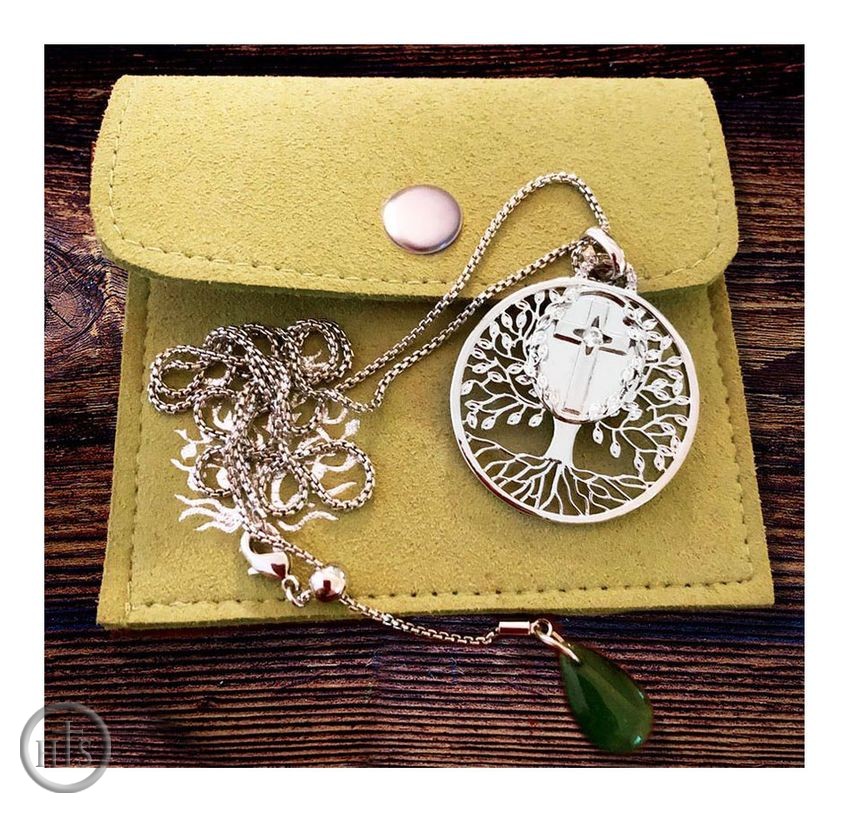 Product Picture - -Tree of Life-  Pendant with the Holy Cross,  Jade Charm and Chain, Stainless Steel