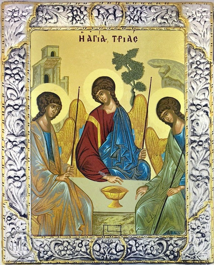 Pic - The Holy Trinity (Old Testament Trinity),   Serigraph  Icon in Silver /  Gold Plated Riza