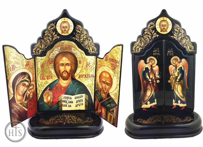 HolyTrinityStore Picture - Christ The Teacher, Virgin Of Kazan and  St Nicholas, Hand Painted  Foldable Triptych 