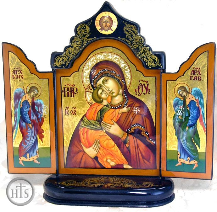 Product Pic - Virgin of Vladimir, Arch. Michael &  Arch. Gabriel, Hand Painted  Foldable Triptych 