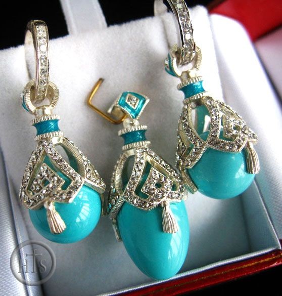 Photo - Turquoise Set of Earrings with Egg Pendant,  Sterling Silver, Swarovsky Crystals
