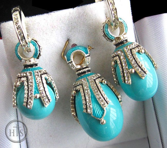 Image - Turquoise Set of Earrings with Egg Pendant,  Sterling Silver, Swarovsky Crystals