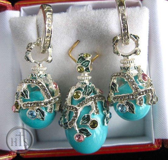 Product Picture - Turquoise Set of Earrings with Egg Pendant,  Sterling Silver, Swarovsky Crystals