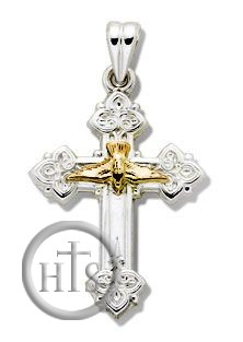 Picture - Two Tone Sterling Silver Cross with 14kt Gold Dove, 1 1/4